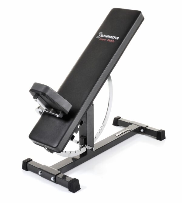 The Ironmaster Super Weights Bench, with black padding and a sturdy metal frame, features an incline setting and branding on the backrest. Its sleek, compact design ensures stability with rubber grips on the base.