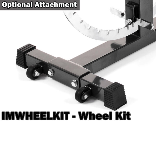 The Ironmaster Super Weights Bench includes a black metal wheel kit for machinery or equipment, featuring attached wheels. The image displays the text IMWHEELKIT - Wheel Kit in bold.