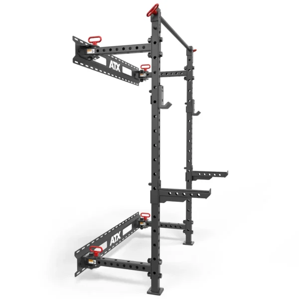 The ATX® Folding Squat Rack 500 is a black metal rack with adjustable safety bars, multi-grip pull-up bars, customizable holes, and red accents. It offers support for weightlifting and strength training exercises.