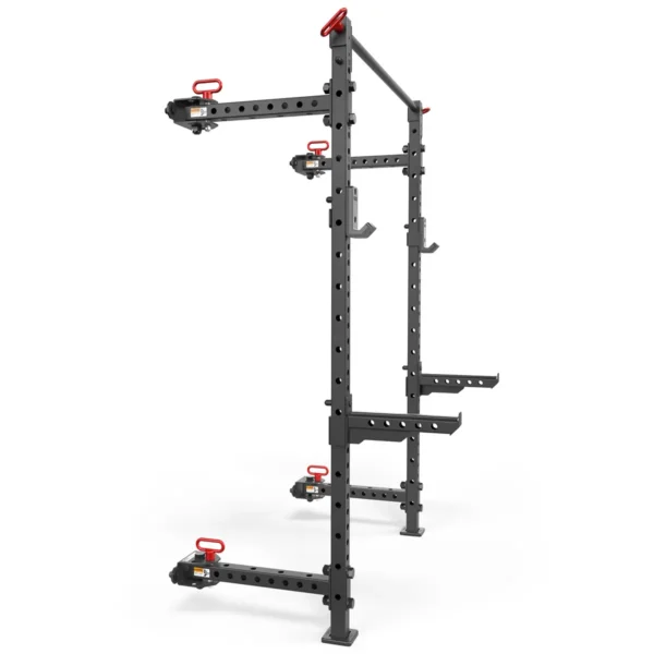 The ATX® Folding Squat Rack 500 is a black adjustable rack with a variety of height options, featuring red accents on handles, supports, and safety bars. It includes a pull-up bar and has a sturdy, wide-set base for stability.