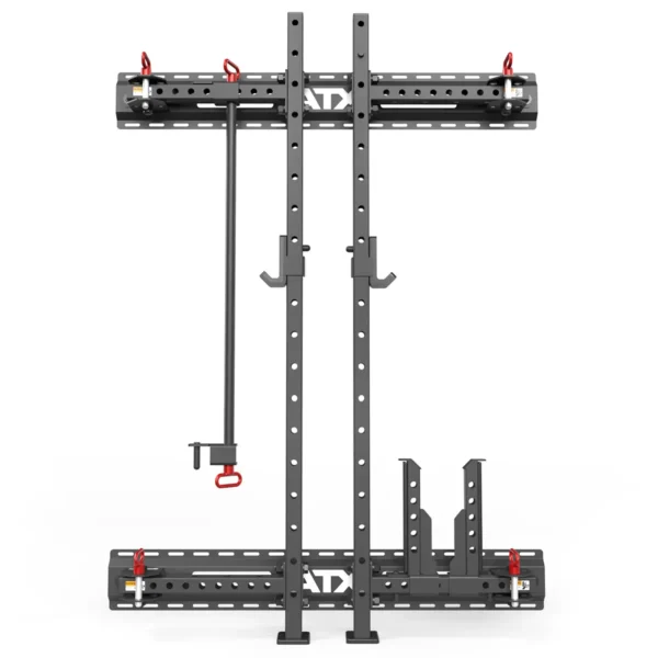 The ATX® Folding Squat Rack 500 is an adjustable metal rack featuring multiple slots, hooks, and red safety pins. Ideal for organizing tools or equipment, its perforated frame ensures versatility and securely holds long items.