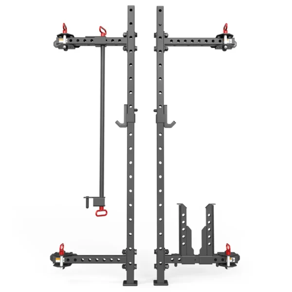 A black hitch-mounted bike rack featuring adjustable arms, red locking pins, and a sturdy metal frame. The ATX® Folding Squat Rack 500 secures multiple bicycles with its upright design, easily attaching to your vehicle like a folding squat rack.