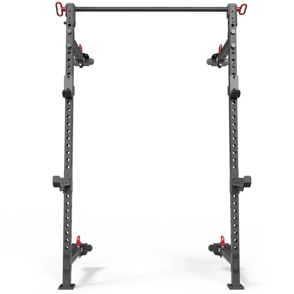 The ATX® Folding Squat Rack 500 features a black adjustable metal frame with red hooks, offering multiple height settings and support arms. Expertly designed for weightlifting and strength training, it combines convenience with robust performance.