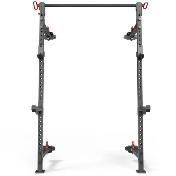 The ATX® Folding Squat Rack 500 features a black adjustable metal frame with red hooks, offering multiple height settings and support arms. Expertly designed for weightlifting and strength training, it combines convenience with robust performance.