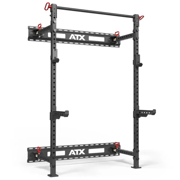 The ATX® Folding Squat Rack 500 is a sturdy black squat rack with red hooks, offering adjustable height and multiple holes for customization. Its designed for weightlifting, providing convenience and space-saving functionality.