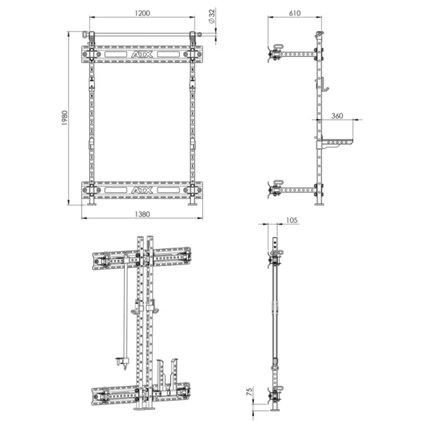 Technical drawing of the ATX® Folding Squat Rack 500s rectangular frame: width 1380mm, height 1900mm, depth 610mm. Included are various side views with detailed components, labeled holes and brackets for easy assembly.