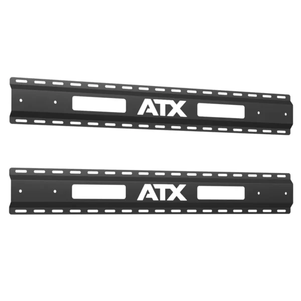 Two black metal TV wall mount brackets with elongated holes for adjustable installation, featuring the text ATX in white, echoing the flexibility of the ATX® Folding Squat Rack 500.