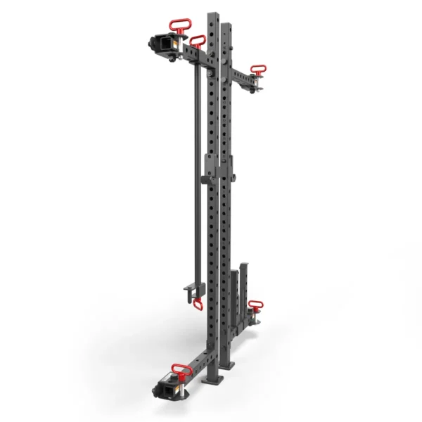 The ATX® Folding Squat Rack 500 is a black adjustable gym rig with red handles and attachment holes, ideal for weightlifting and strength training exercises. It is versatile and displayed against a plain white background.