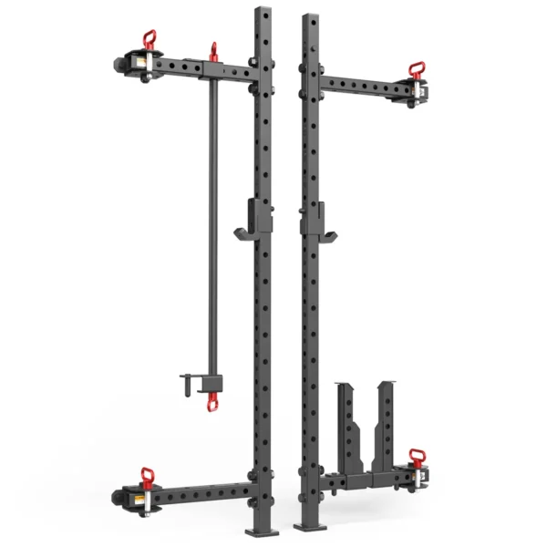 The ATX® Folding Squat Rack 500 is a black, wall-mounted squat rack featuring adjustable hooks with red clips, a safety bar, and multiple holes for easy customization. Its compact design makes it perfect for any home gym setup.