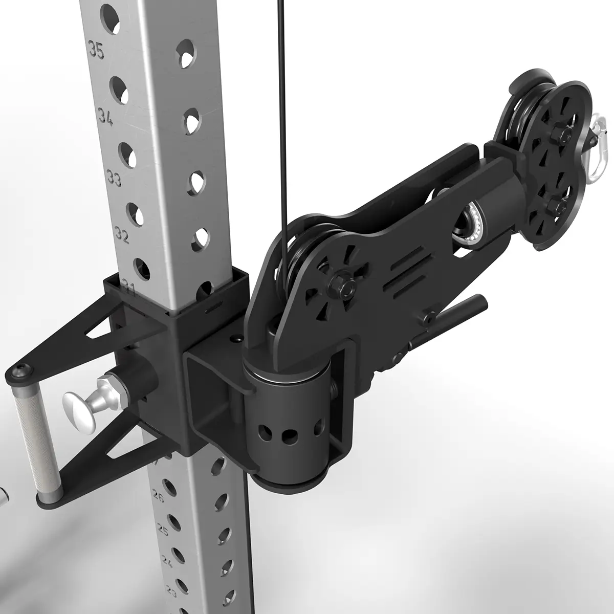 Close-up of the ATX® Power Cage with Cables, featuring a black pulley system on a perforated metal frame. The apparatus includes wheels and adjustable components, resembling fitness or mechanical equipment. The background is plain white.