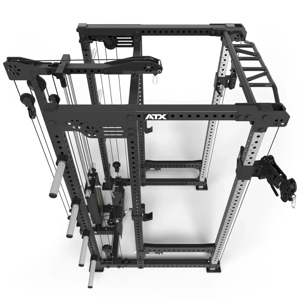 An aerial view of the ATX® Power Cage with Cables showcases its multiple stations, pulleys, and bars. Made from durable steel, its ideal for strength training exercises with prominent ATX branding.