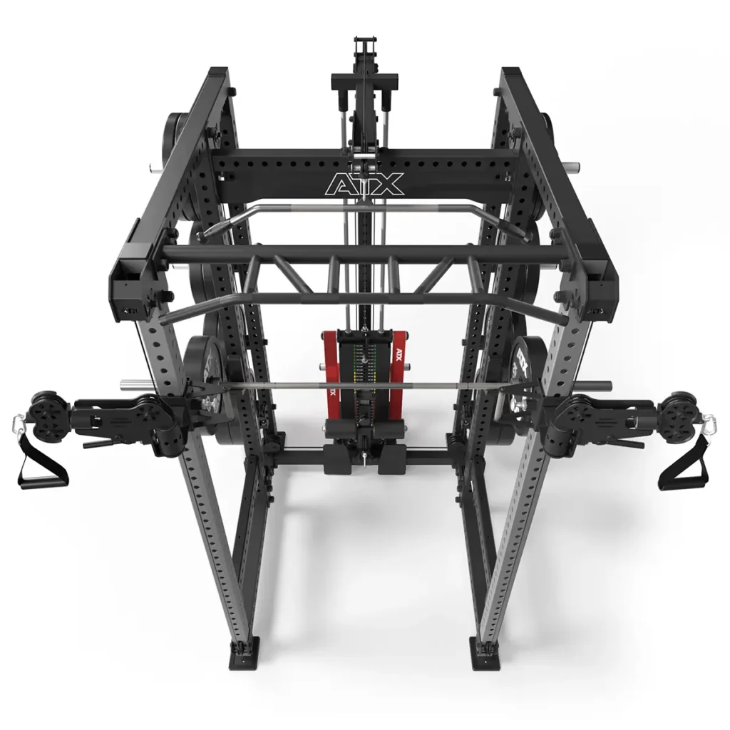 Top view of a black and gray ATX® Power Cage with Cables, featuring adjustable bars and weights. Designed for diverse strength training exercises, it offers multiple attachments and settings for a versatile workout experience.
