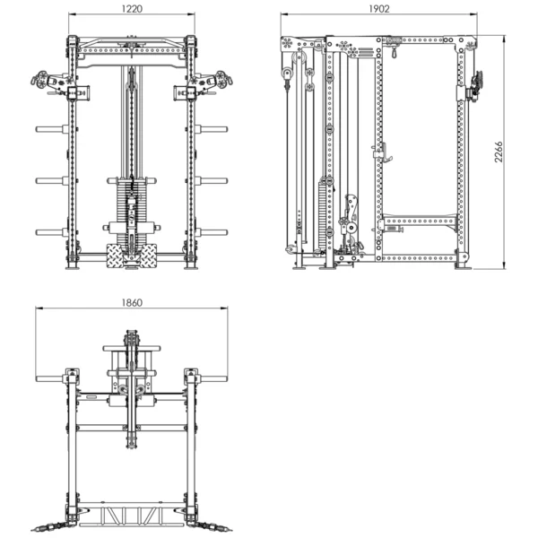 Technical blueprint of the ATX® Power Cage with Cables shows three detailed views with dimensions: front (1220mm), side (1902mm), and top (1860mm). It features cables, pulleys, and weight storage. Total height is 2286mm.