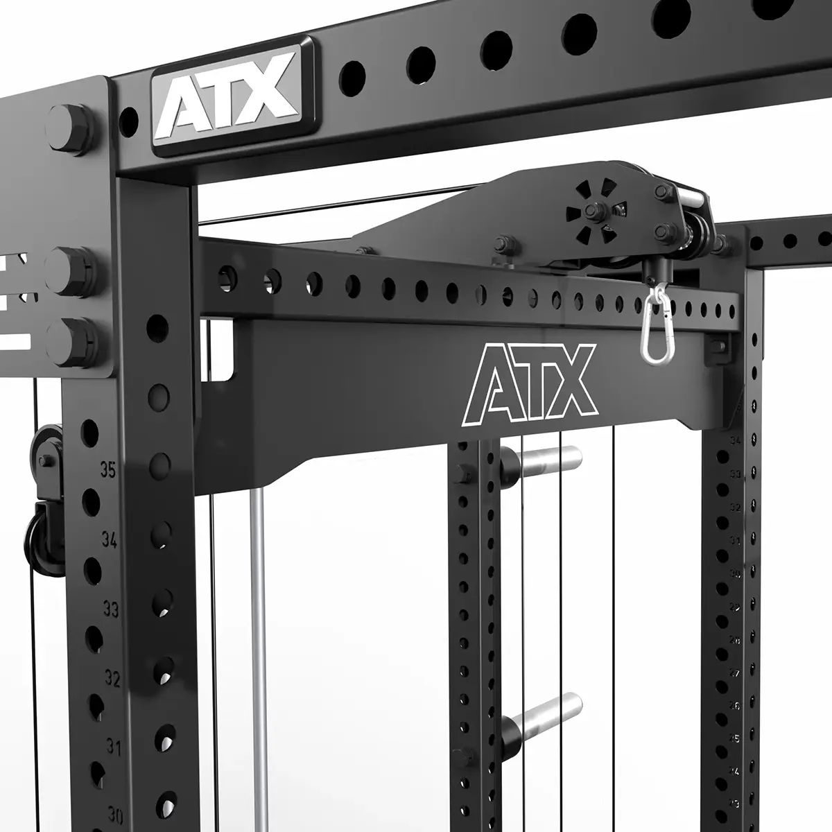 Close-up of a black ATX® Power Cage with Cables, styled as a power rack with adjustable pulleys and multiple attachment holes. The sturdy, versatile machine displays branded logos against a plain white background.