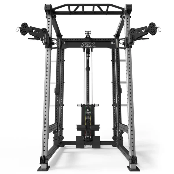 The ATX® Power Cage with Cables is a sleek and sturdy black and silver rack featuring a pull-up bar, cable machine, and adjustable components for versatile weightlifting exercises, perfectly designed for any gym setting.