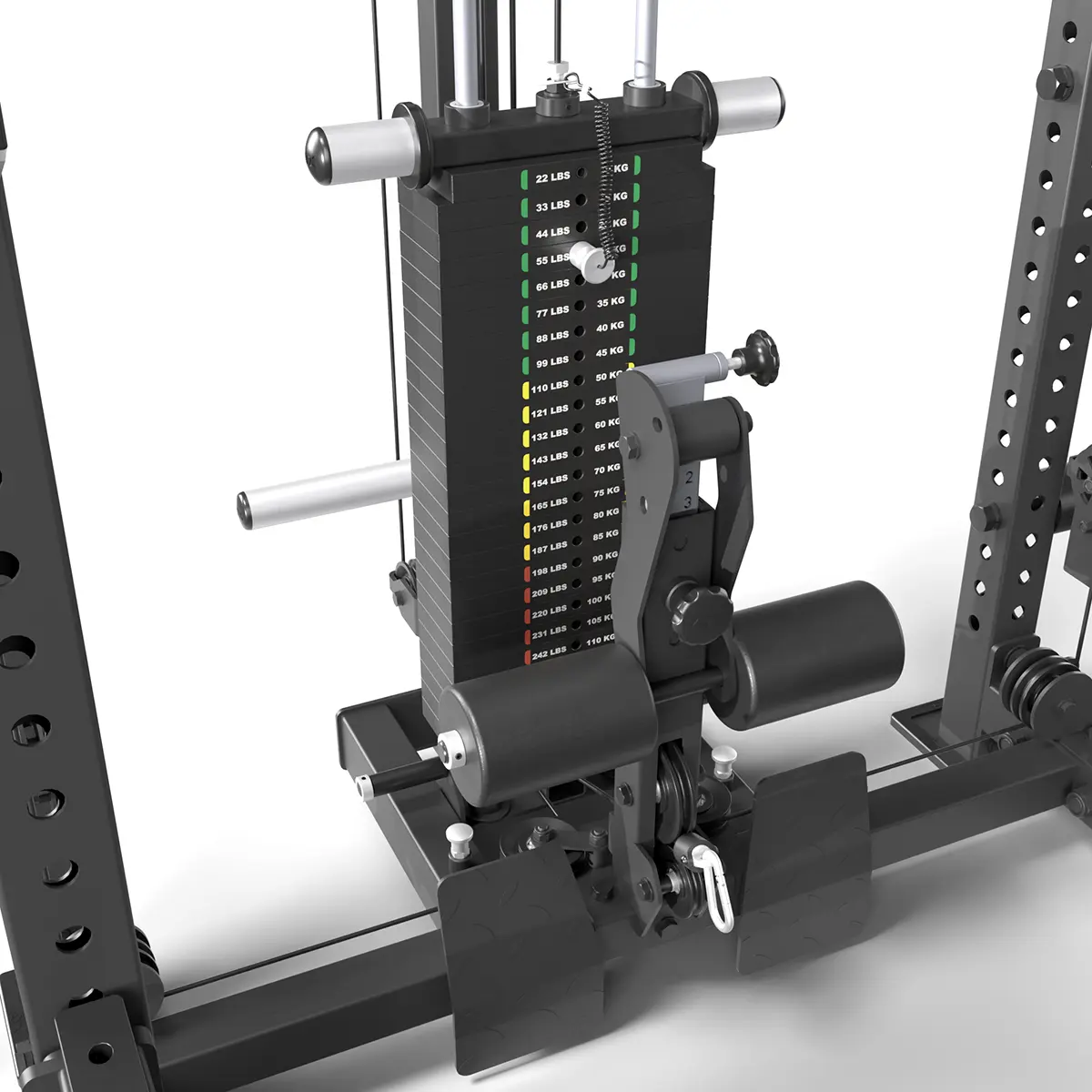 Close-up of the ATX® Power Cage with Cables, featuring a weight stack with pound and kilogram increments. Its sleek, metallic design includes adjustment handles and intertwined cables for precision workouts, reminiscent of a power rack.