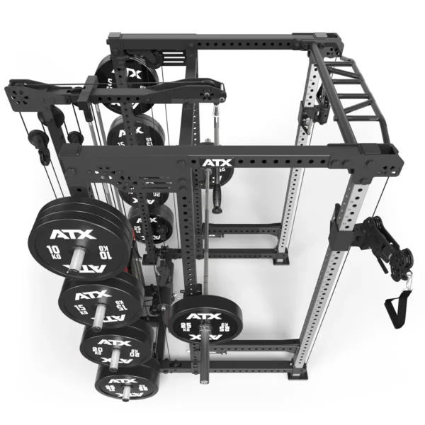 A top view displays a multifunctional gym featuring the ATX® Power Cage with Cables, complete with cable pulleys, weight stacks, and various weight plates and attachments for strength training.