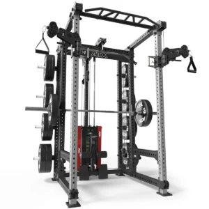 The ATX® Power Cage with Cables includes a Smith machine, pull-up bar, cable cross-over, and neatly stored weight plates on pegs. Its sturdy metal design supports versatile strength training for any fitness enthusiast.