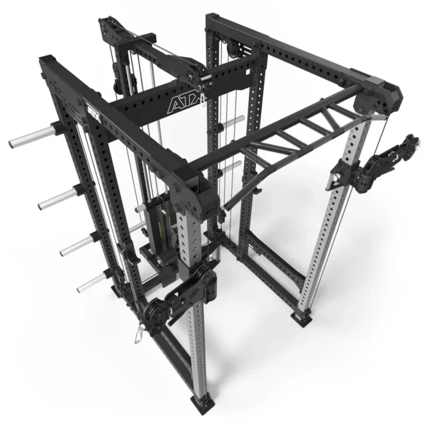 The ATX® Power Cage with Cables, in black and silver, includes adjustable cables, a pull-up bar, and weight pegs. This sturdy metal frame combines a power racks functionality with a compact design for diverse strength training exercises.