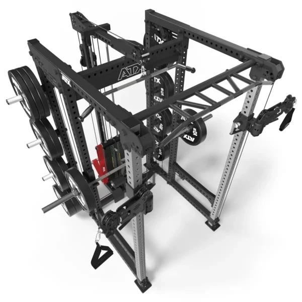 A top-tier home gym setup includes the ATX® Power Cage with Cables, featuring weight plates and exercise stations for strength training. Its black structure with chrome accents offers adjustable components for customized workouts.