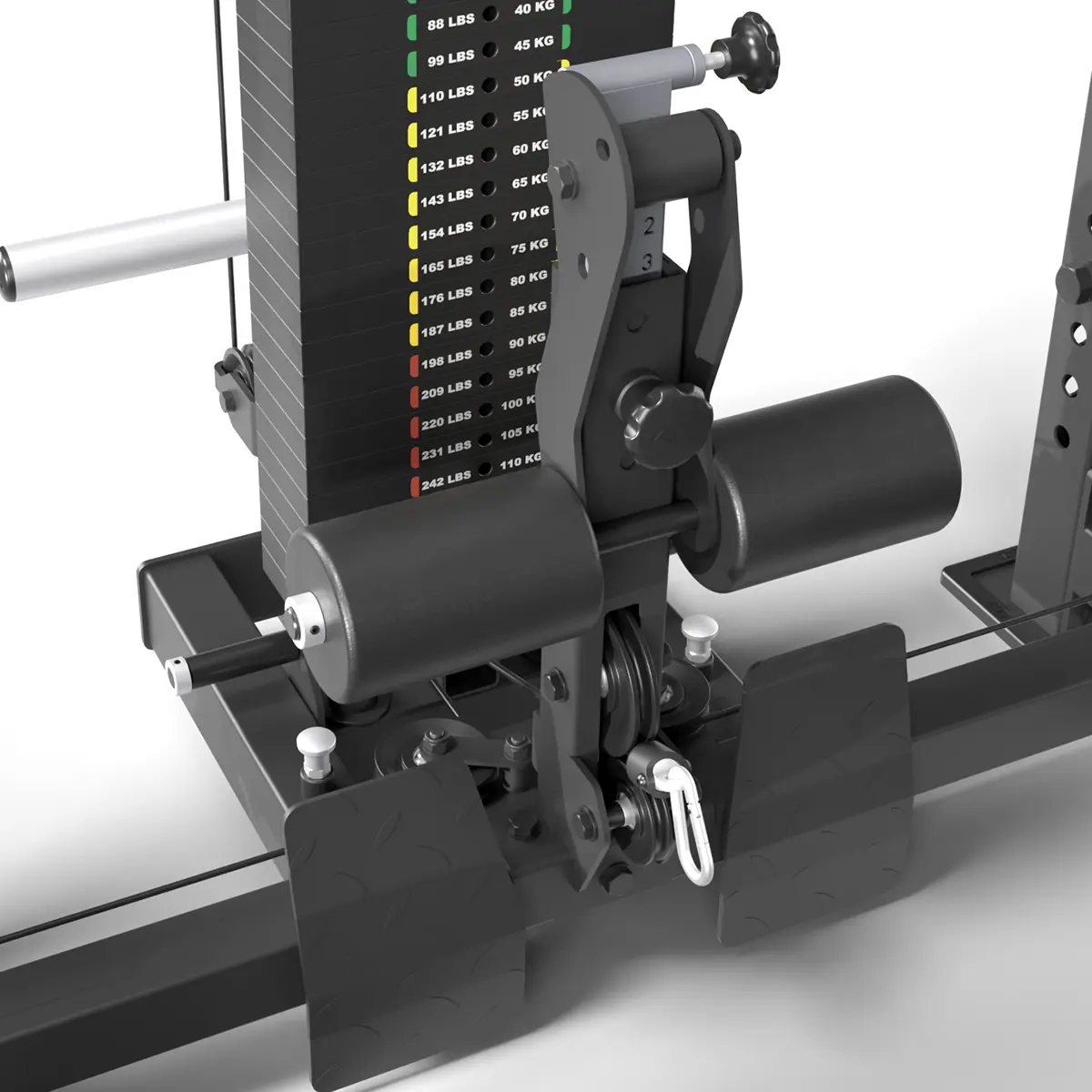 A close-up of the ATX® Power Cage with Cables shows a gym machines weight stack, labeled in pounds and kilograms, integrated into the power rack. It features a black padded lever, footrests, and a metal carabiner clip at the base, set against a white background.
