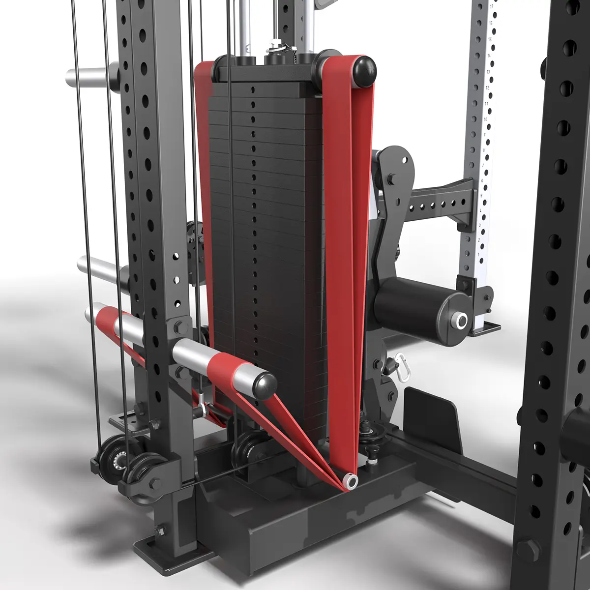 Close-up of a gyms ATX® Power Cage with Cables, showcasing red and black elements in a multi-station setup. Designed for strength training and weightlifting, it provides versatile options using its cables and pulleys.