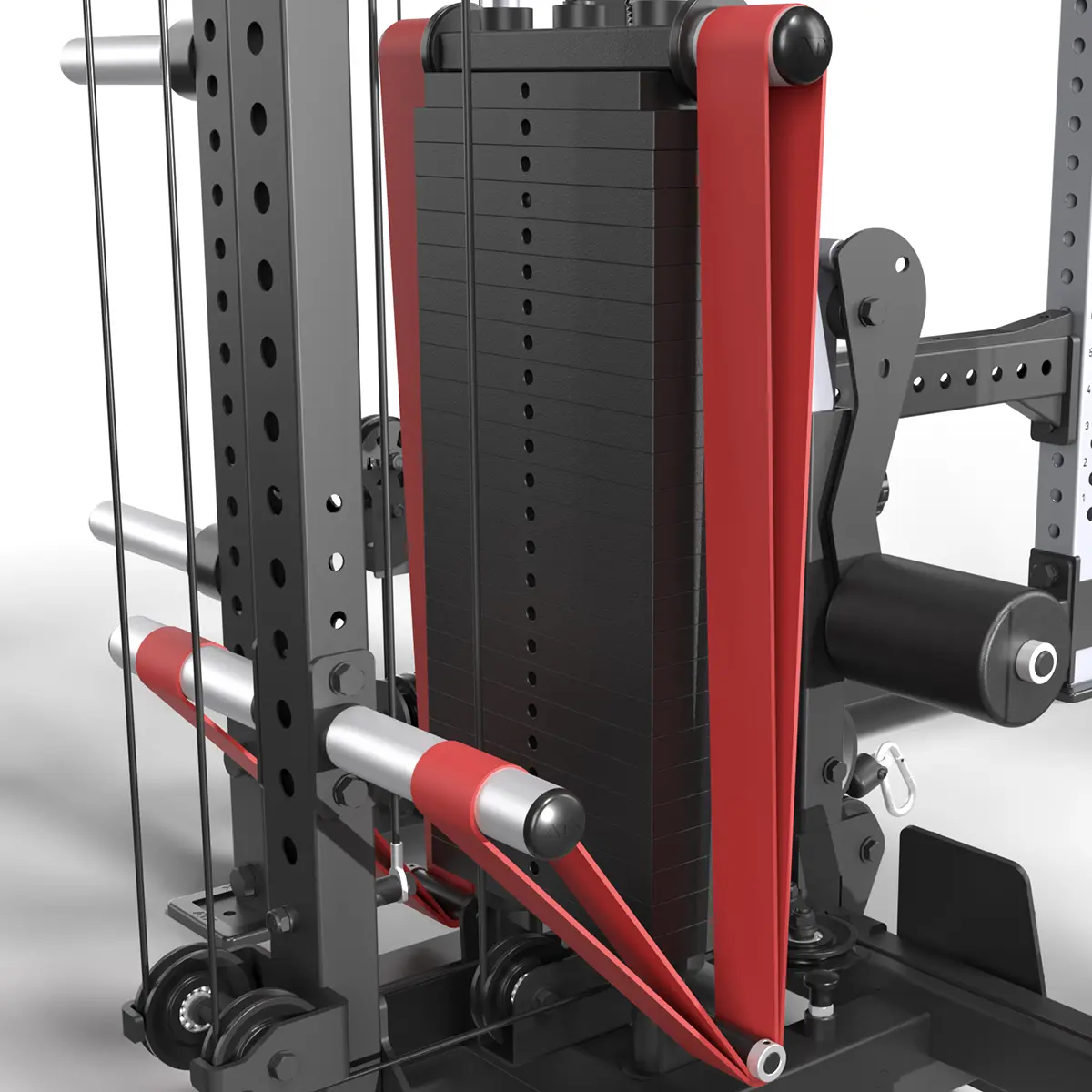 Close-up of the ATX® Power Cage with Cables, showcasing its weight stack and red bands. The metal frame includes pulleys and adjustable parts, expertly designed for strength training and muscle workouts.
