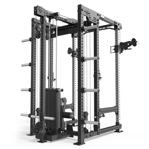The ATX® Power Cage with Cables is a heavy-duty black and gray power rack, equipped with multiple attachments including a cable system and weight storage pegs, designed for versatile strength training exercises.