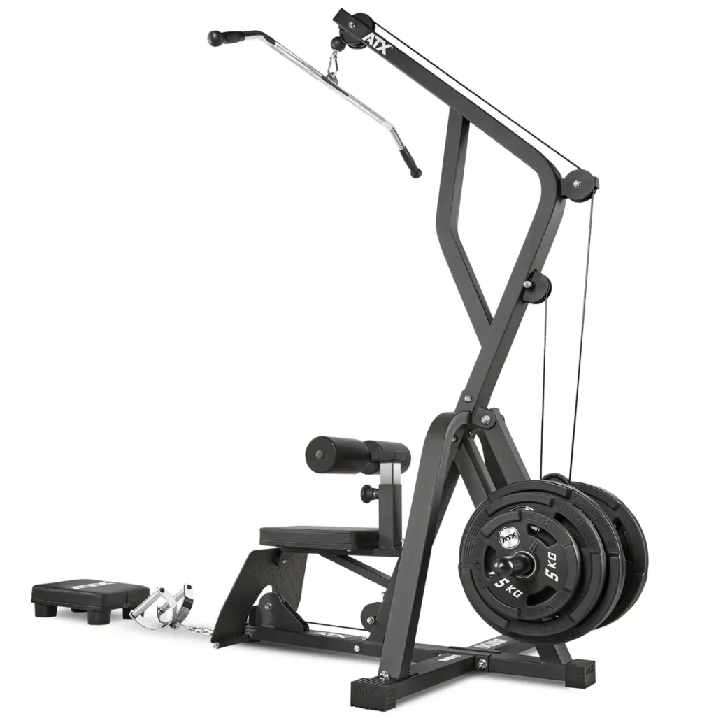 The ATX® Cable Lat Pull Down Machine has a curved frame, seat, and foot support for rowing exercises. It includes multiple weight plates and a pull bar, providing versatile workout options.