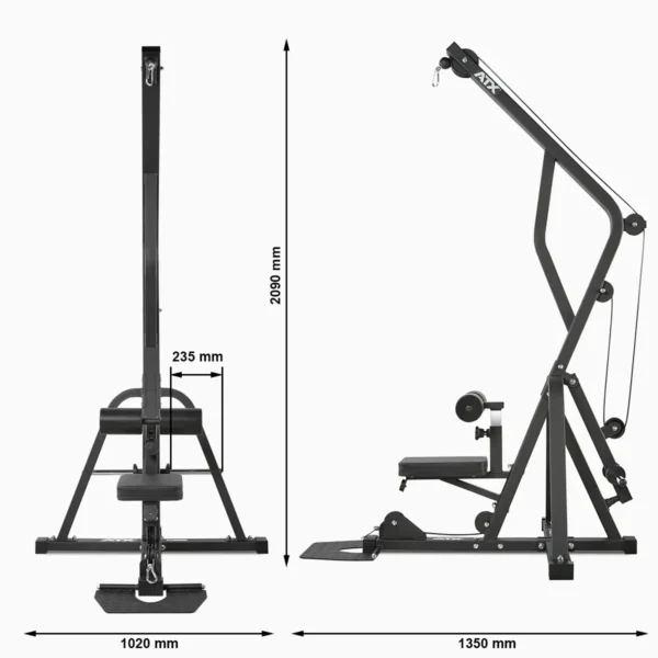 The ATX® Cable Lat Pull Down Machine, shown in black with front and side views, includes a bench, padding, and adjustable components for versatile workouts. Dimensions: width 1020 mm, height 2090 mm, depth 1350 mm, and a section measuring 235 mm.