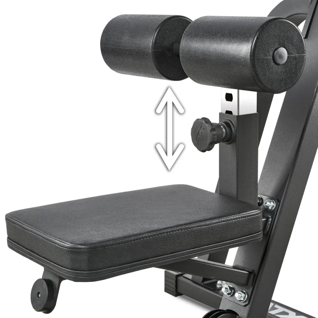 Close-up of an adjustable gym bench with padded rollers and the ATX® Cable Lat Pull Down Machine. An arrow highlights its movability, offering various adjustment options. The sleek frame is made from sturdy metal.