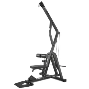 The ATX® Cable Lat Pull Down Machine is a black, multifunctional gym machine for standing calf raises, squats, and lat pull-downs. It has a sturdy frame, foot platform, and adjustable padded leg support for comprehensive lower body and upper back training.