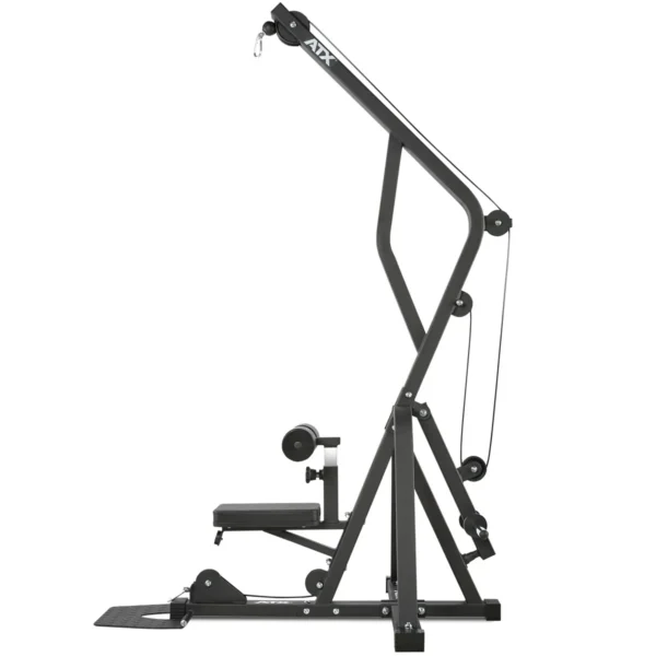 The ATX® Cable Lat Pull Down Machine is a black rowing machine with a sleek, angular design that includes a padded seat, footrests, and pulley system. Its sturdy frame enables versatile workouts, making it perfect for indoor fitness training.