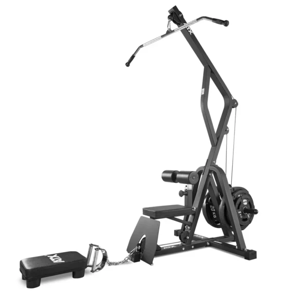 The ATX® Cable Lat Pull Down Machine is a sleek black seated rowing machine with adjustable weights for strength training, featuring a pulley system, padded seat, handle, footrest, and foot strap against a clean white background.