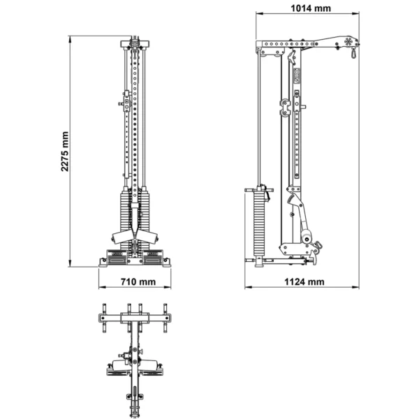 The technical diagram for the ATX® Lat Option 780 125kg SW showcases front and side views, with dimensions: height 2275 mm, width 710 mm, and depth 1124 mm. It features visible mechanical components such as springs and levers.
