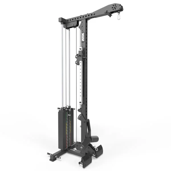 The ATX® Lat Option 780 125kg SW is a black vertical cable machine with a weight stack, adjustable pulley, footrest, and plate-loaded lat pulldown attachment. It has a compact, sturdy frame for strength training and various exercises.