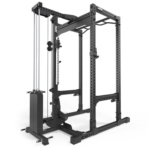 The ATX® Lat Option 780 125kg SW is a black metal power rack featuring adjustable pulleys and multiple attachment holes, including a plate-loaded lat pulldown option. Its sturdy and versatile, ideal for strength training and various gym exercises.