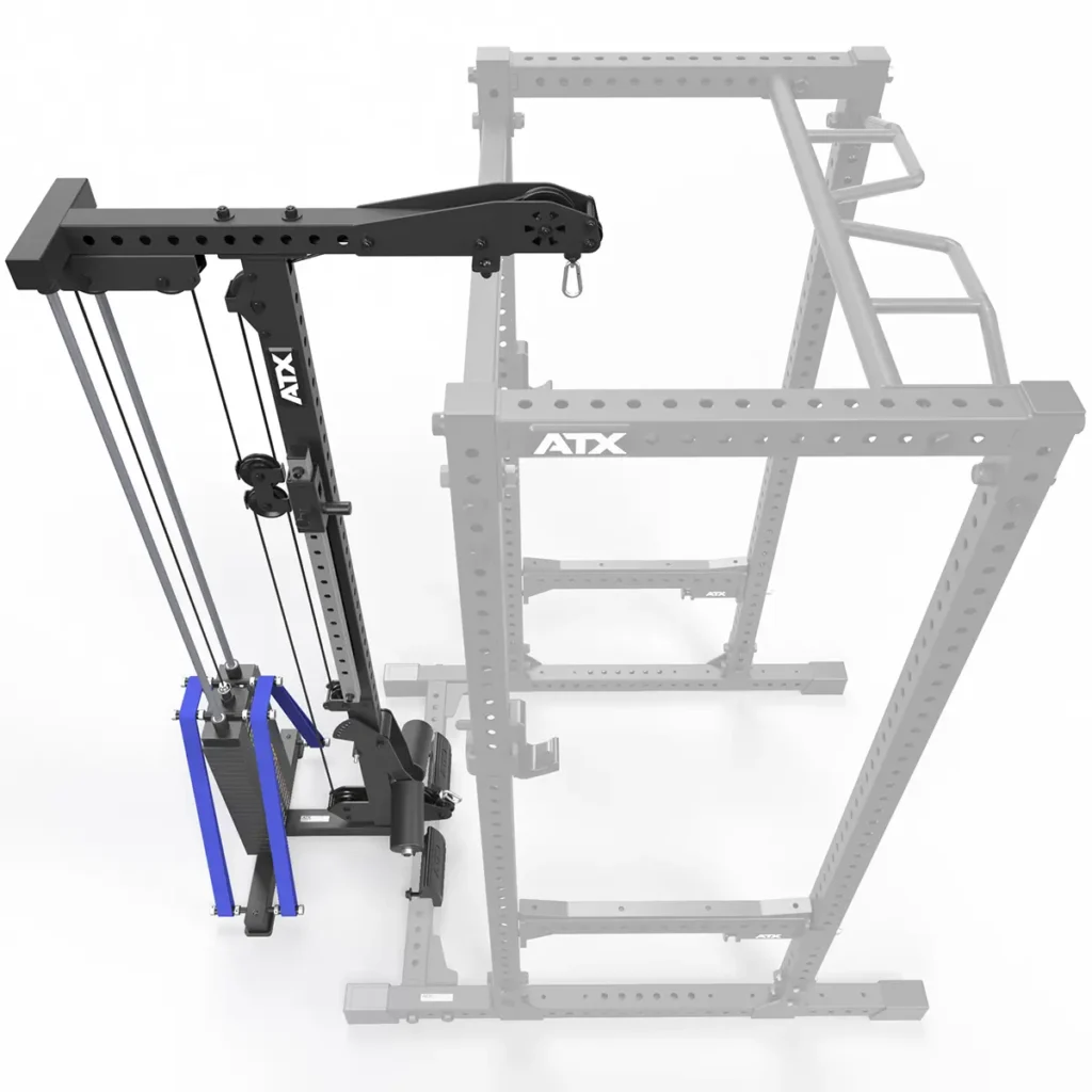 The ATX® Lat Option 780 125kg SW is a black and blue plate-loaded cable pulley system attached to the side of a metal power rack, featuring adjustable components and cables suitable for strength training. The power rack is outlined in light grey.