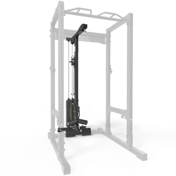 The ATX® Lat Option 780 125kg SW, a black plate-loaded lat pulldown attachment, is integrated into a gray power rack frame. This fitness accessory uses weight plates and a pulley system with height-adjustable handles, showcasing modern gym equipment assembly.