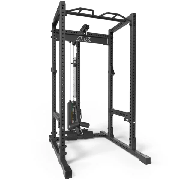 The ATX® Lat Option 780 125kg SW is a black multifunctional power rack featuring adjustable weight stacks, pull-up bars, and a plate-loaded lat pulldown attachment, ideal for strength training at the gym or home with versatile attachments to meet diverse fitness needs.