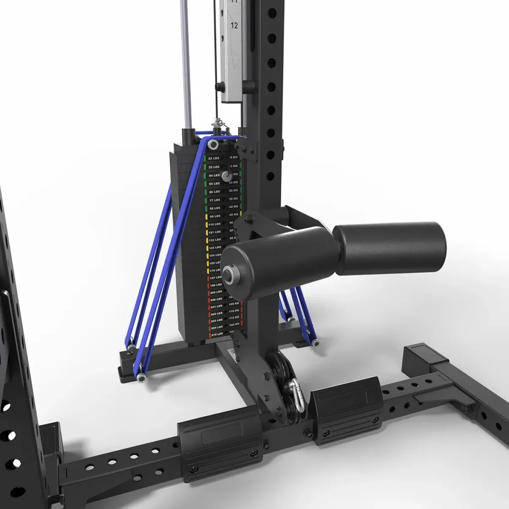 Close-up of the ATX® Lat Option 780 125kg SW gym machine, featuring a weight stack, pin adjustment system, blue resistance bands, and padded roller. Integrated into its black metal frame is a plate-loaded lat pulldown attachment ideal for strength training exercises.