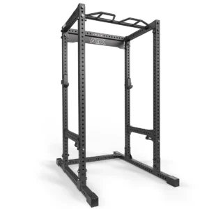 The ATX® Power Rack 780 is a sturdy black metal rack with adjustable safety bars and a pull-up bar. It features multiple holes for customization and the ATX logo on the top crossbar, set against a white background.
