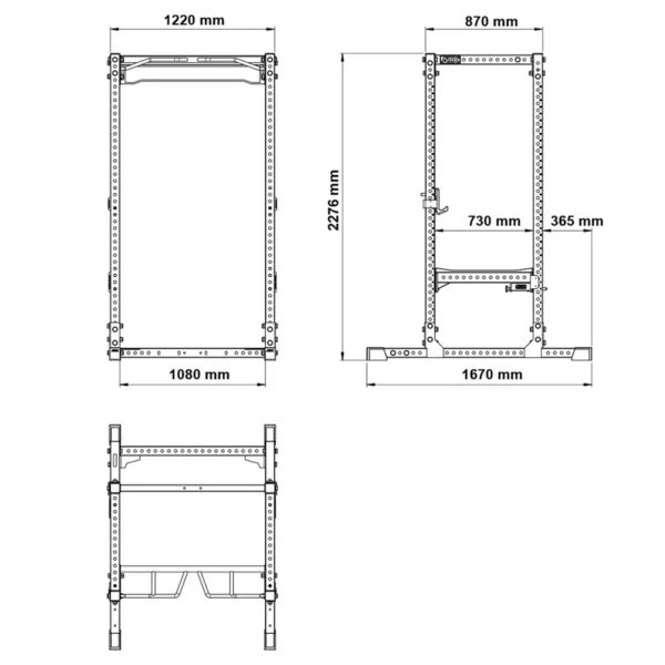 Technical drawing of the ATX® Power Rack 780 with front, side, and top views in millimeters. Dimensions show heights, widths, and depths. The rack includes multiple adjustment holes for exercise equipment.