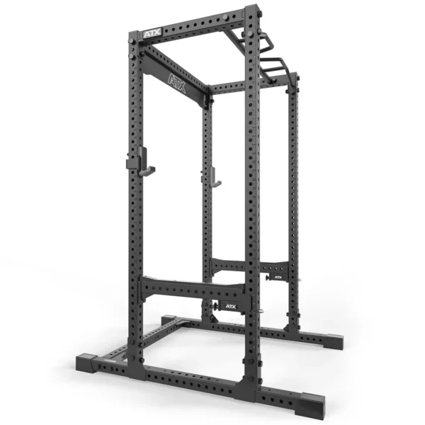 The ATX® Power Rack 780 is a robust, black metal power rack for weightlifting. It includes adjustable pin and pipe safeties, multiple attachment holes, a pull-up bar, and features a minimalist design ideal for gym or home use.