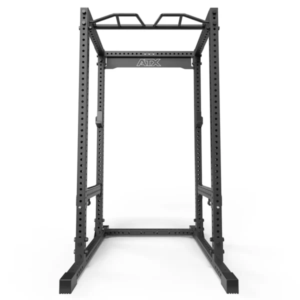 The ATX® Power Rack 780 is a black metal weightlifting rack with multiple adjustment holes and a top pull-up bar, designed for various strength training exercises, viewed from the front.
