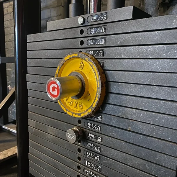 A close-up of a gym weight stack features a yellow 5 kg plate, with the GymPin 2 Original (Copy) clearly visible among several kilogram-marked plates, amplifying intensity. The dark gym backdrop emphasizes strength and precision.