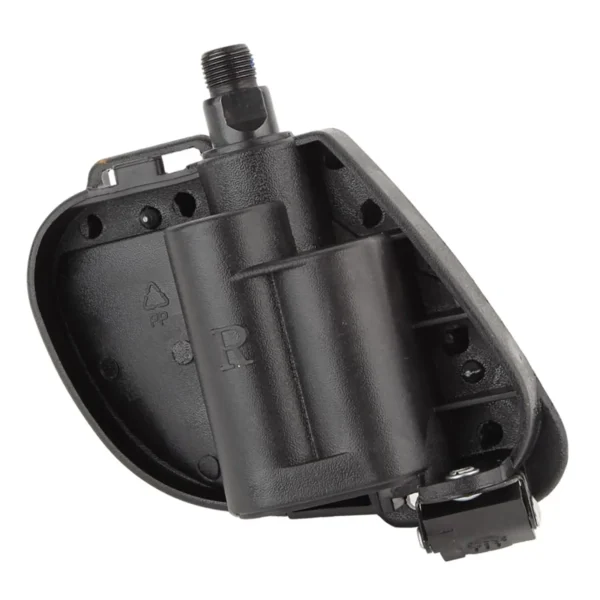 A black plastic automotive part with a cylindrical housing and multiple mounts, featuring a threaded top connector and an R mark on the side. The finish is textured with a slight gloss.