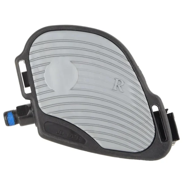 The Spin Bike Pedal Aluminium (Copy) has a gray non-slip surface, a black frame, an R indication for the right side, and a metal spindle for attachment.