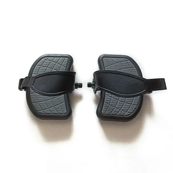 Two black and gray Spin Bike Pedal 9/16 straps, featuring textured surfaces and adjustable bands for securing feet, are positioned side by side on a white background.