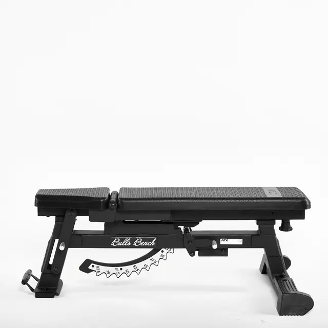 The ATX® Warrior Bench - Slim PU is an adjustable black workout bench with a textured surface and a sturdy metal frame. It features an adjustable incline mechanism on one side, set against a plain white background.